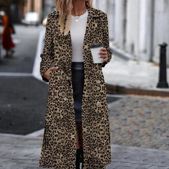 Multicolor Casual Women's Cinched Waist Leopard Print Trench Coat - Picture 4 of 6